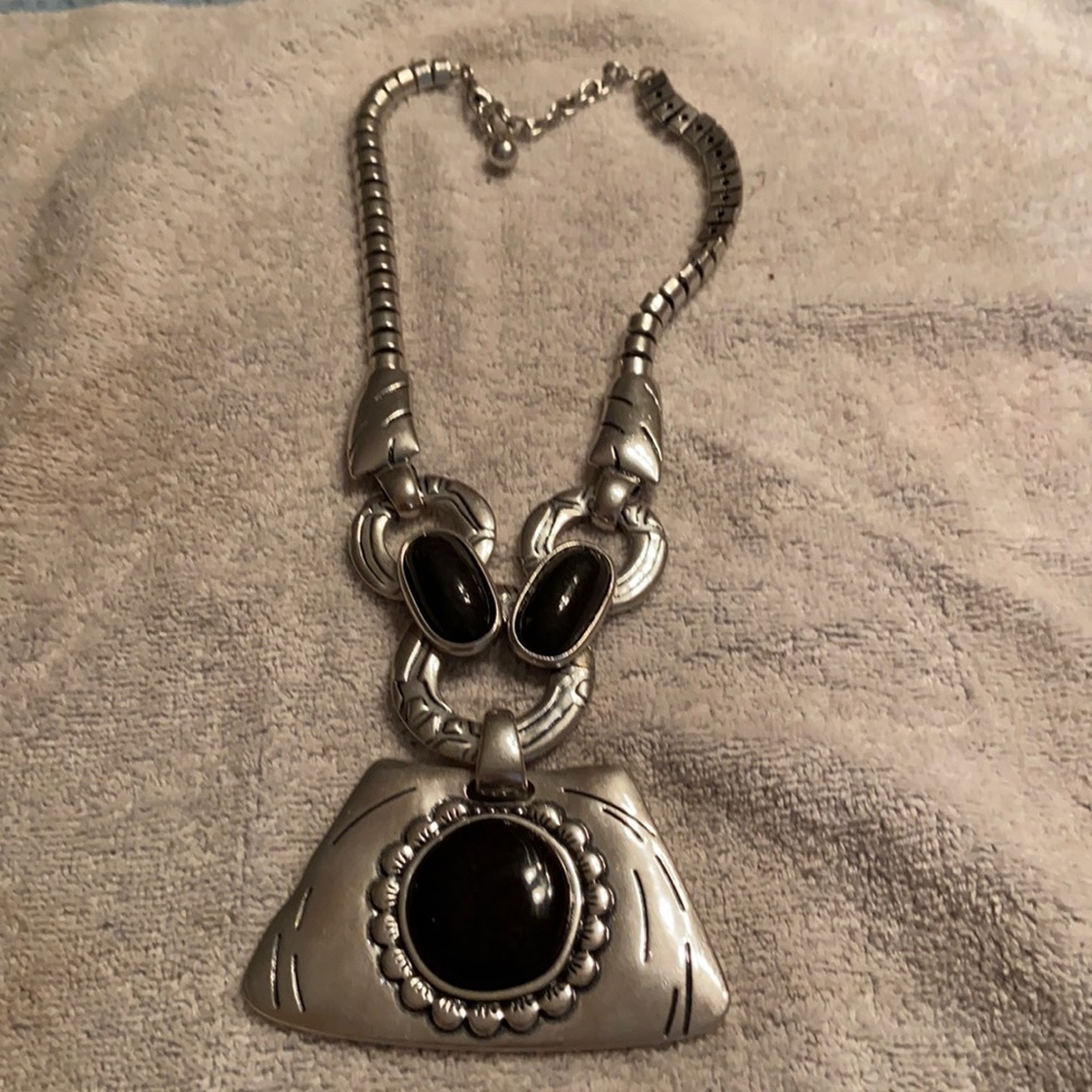 Silver Toned Statement Necklace w/Black Stones